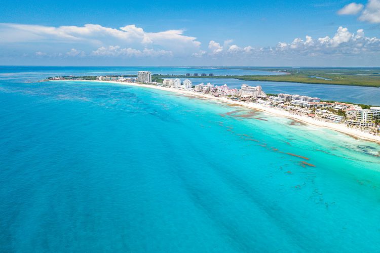 Cancun beach aerial view at Playa Delfines